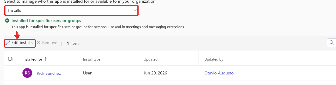 The Users and groups tab set to Installs, with the Edit installs button highlighted and an installed user listed