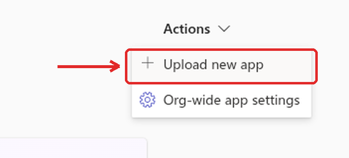 The Actions menu open on the Manage apps page, with Upload new app highlighted